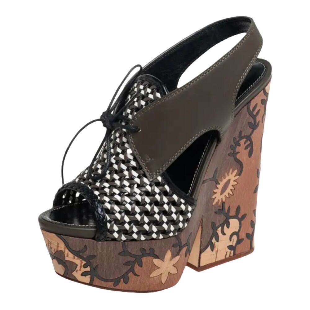 SERGIO ROSSI Atlantiques Platform Sandals Ankle Strap Block Weaved Brown EU 39